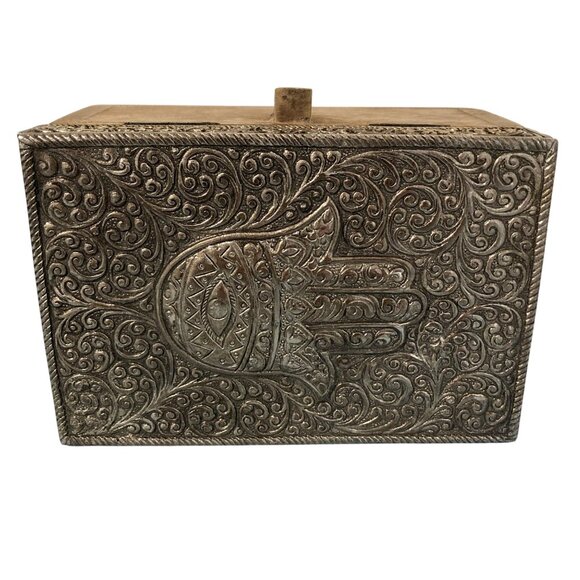 Wood And Metal Hamsa Decorative Box With Intricate Engraving - Picture 1 of 11